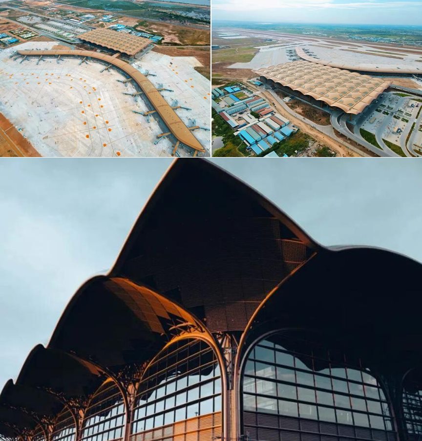 Aerial and exterior facade views of Techo International Airport terminal